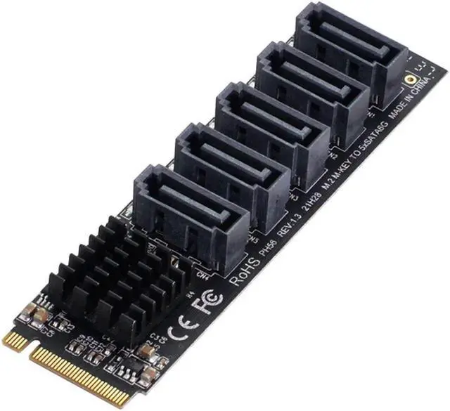 Alt view image 2 of 5 - Vszerda M.2 NGFF NVME M-Key PCI Express to SATA 3.0 6Gbps 5 Ports Adapter Converter Hard Drive Extension Card JMB585 2280