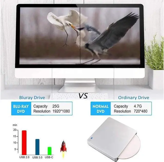 Alt view image 4 of 7 - Vszerda External Blu-Ray Burner Drive with One Touch Pop up for Laptop, Portable High-Speed USB-C&USB 3.0 CD Burner/DVD Reader Writer for PC Desktops, Compatible with Windows/Mac OSX/Linux (XD055BD)
