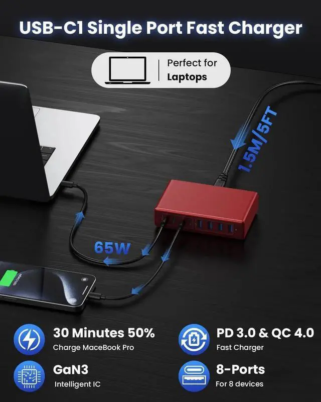 Alt view image 4 of 6 - 200W USB C Charger GaN III 8-Ports USB C Charger Block QC4.0 Fast Phone Charging Station Hub+PD 65W USB C Laptop Charger Adapter Compatible with MacBook Pro/Air iPhone 16/15 iPad Steam Deck-Red