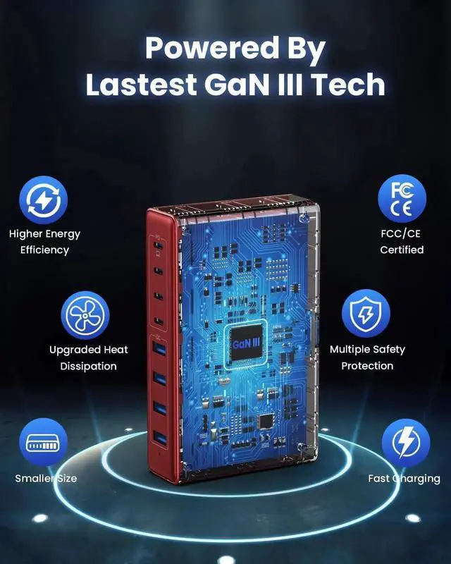 Alt view image 3 of 6 - 200W USB C Charger GaN III 8-Ports USB C Charger Block QC4.0 Fast Phone Charging Station Hub+PD 65W USB C Laptop Charger Adapter Compatible with MacBook Pro/Air iPhone 16/15 iPad Steam Deck-Red