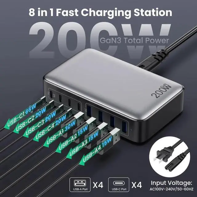 Alt view image 2 of 7 - USB C Charger 200W USB C Charger Block Upgraded GaN III 8-Port Fast Charging Station Hub PD 65W Laptop Charger Adapter Compatible with MacBook Pro/Air Steam Deck iPhone 16/15/14 Galaxy S23/22 etc