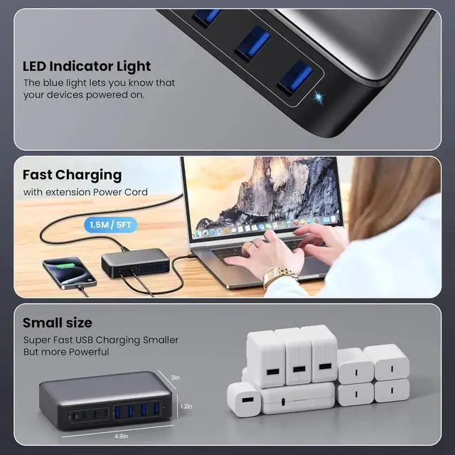 Alt view image 4 of 7 - USB C Charger 200W USB C Charger Block Upgraded GaN III 8-Port Fast Charging Station Hub PD 65W Laptop Charger Adapter Compatible with MacBook Pro/Air Steam Deck iPhone 16/15/14 Galaxy S23/22 etc