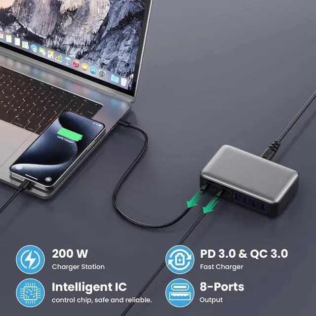 Alt view image 3 of 7 - USB C Charger 200W USB C Charger Block Upgraded GaN III 8-Port Fast Charging Station Hub PD 65W Laptop Charger Adapter Compatible with MacBook Pro/Air Steam Deck iPhone 16/15/14 Galaxy S23/22 etc