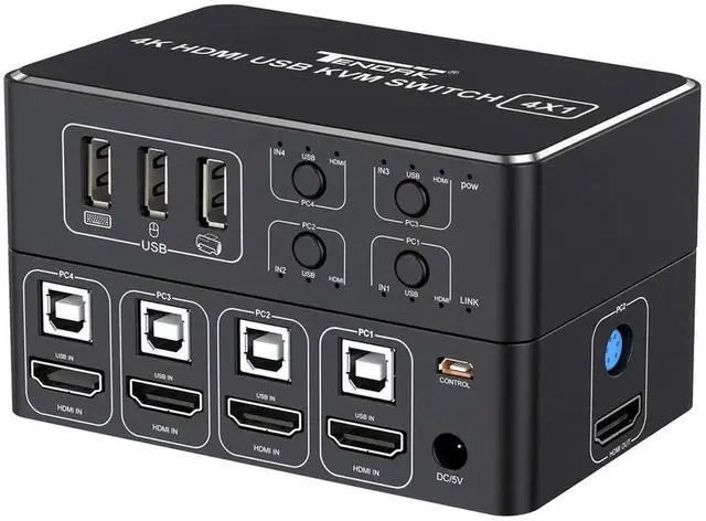 Main image of Vszerda HDMI KVM Switch, 4K HDMI 4 in 1 Out KVM Switch Box Keyboard Mouse Printer Switcher Include 4 USB Type-B Cable Support 4K@60Hz, EDID/HDCP 2.2 3D for Laptop PS4 HDTV Monitor