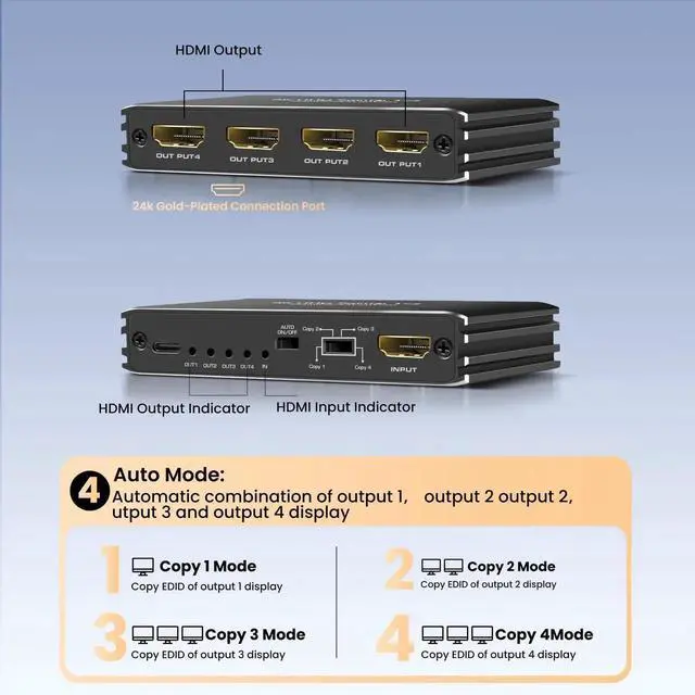 Alt view image 2 of 7 - Vszerda HDMI 2.1 Splitter 8K@60Hz 1 in 4 Out 4K@120Hz, HDMI Splitter for Multiple Monitors (Only Copy/Mirror Input Screen), Hdmi Splitters for Gaming Support 48Gbps, HDCP 2.31x4