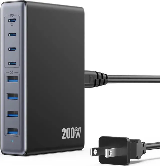 Main image of Vszerda 200W USB C Charger Block GaN III USB Charging Station 8 Ports QC4.0 Fast Charging Station Hub+PD 65W USB C Laptop Charger Adapter Compatible with MacBook Pro iPhone 16/15 iPad Steam Deck-Black