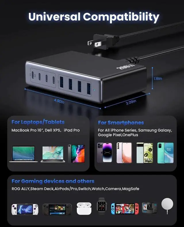 Alt view image 4 of 7 - Vszerda 200W USB C Charger Block GaN III USB Charging Station 8 Ports QC4.0 Fast Charging Station Hub+PD 65W USB C Laptop Charger Adapter Compatible with MacBook Pro iPhone 16/15 iPad Steam Deck-Black
