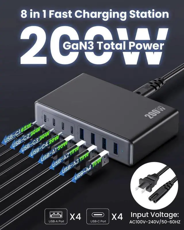 Alt view image 6 of 7 - Vszerda 200W USB C Charger Block GaN III USB Charging Station 8 Ports QC4.0 Fast Charging Station Hub+PD 65W USB C Laptop Charger Adapter Compatible with MacBook Pro iPhone 16/15 iPad Steam Deck-Black