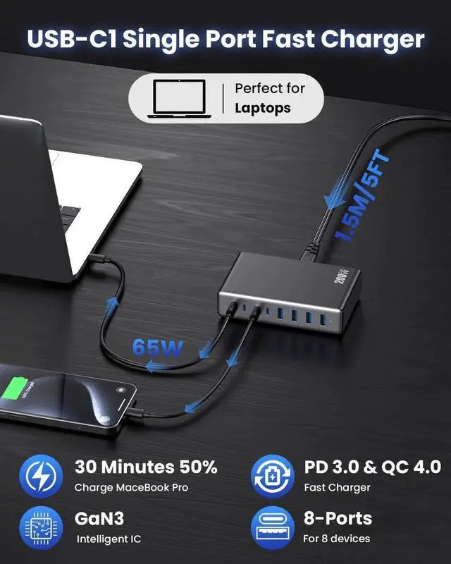 Alt view image 7 of 7 - Vszerda 200W USB C Charger Block GaN III USB Charging Station 8 Ports QC4.0 Fast Charging Station Hub+PD 65W USB C Laptop Charger Adapter Compatible with MacBook Pro iPhone 16/15 iPad Steam Deck-Black
