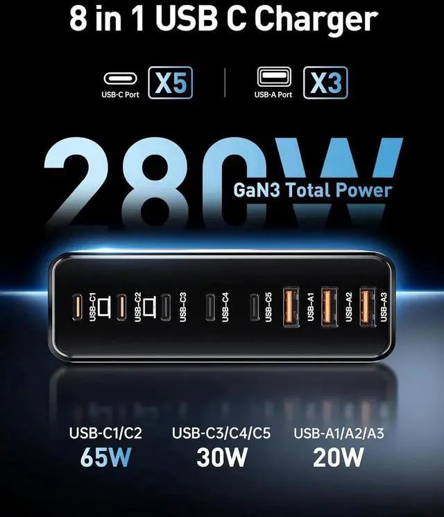 Alt view image 3 of 5 - Vszerda 280W USB C Charger Block 8-Port USB C Charging Station GaN III PD 65W Laptop Charger Adapter Compatible with MacBookPro/Air iPad Portable Charging Station for iPhone Galaxy (Black)