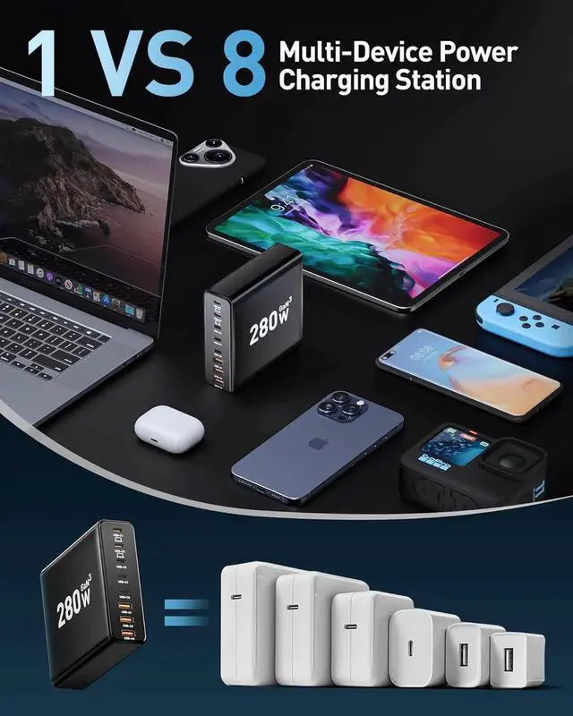 Alt view image 5 of 5 - Vszerda 280W USB C Charger Block 8-Port USB C Charging Station GaN III PD 65W Laptop Charger Adapter Compatible with MacBookPro/Air iPad Portable Charging Station for iPhone Galaxy (Black)