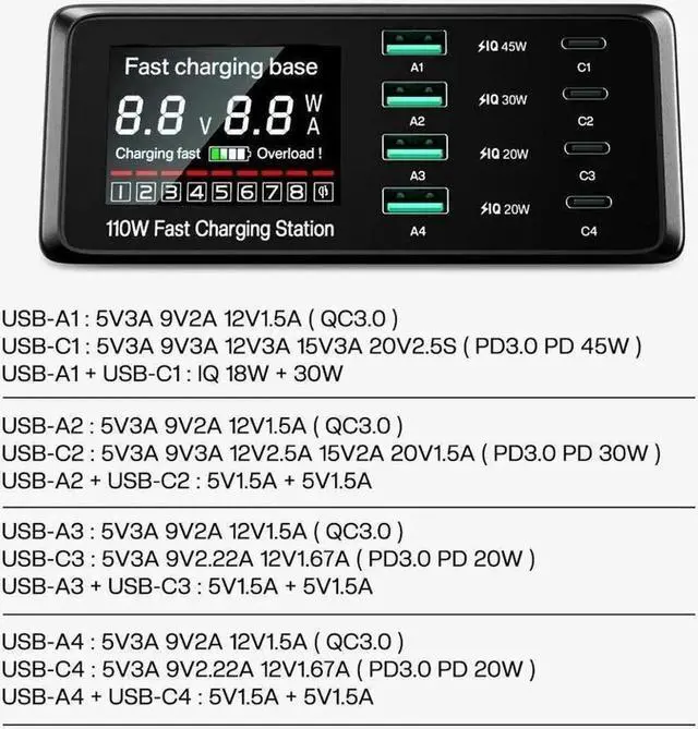 Alt view image 5 of 7 - Vszerda 110W USB Charging Station with Wireless Charging, 8-Port Desktop Charger, USB C Charging Station for MacBook Pro/Air, iPad Pro/Air, iPhone 15 Pro Max/14, Galaxy S24 Ultra