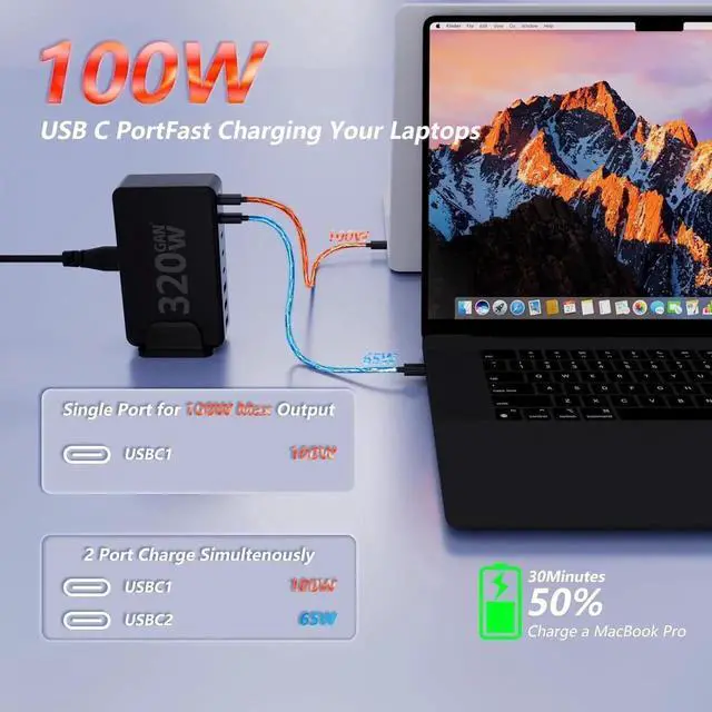 Alt view image 4 of 6 - Vszerda USB C Charger Block 320W 8 Port GaN Fast Charging Station Hub 100W PD Laptop Charger with 5ft Cord for MacBook Pro/Air XPS iPhone 15/14 Galaxy S23 iPad Pro/Air