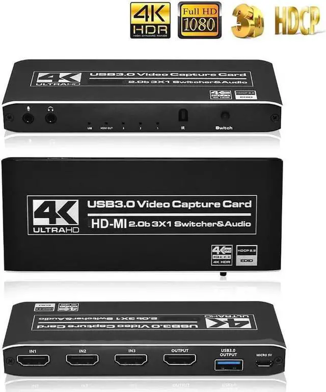 Main image of Vszerda 4K@60Hz 3X1 HDMI Video Capture Card with Mic & 3.5mm Audio 4K 60fps Board Game Capture Card USB3.0/Type-C Recorder Box Device for Live Streaming Video Recording Loop Out