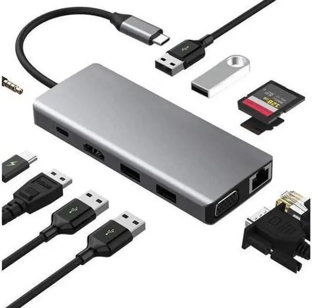 Main image of Vszerda USB C Hub Laptop Docking Station 11 in 1 Multiport Adapter Dongle, 4K USB C to HDMI, VGA, Ethernet, 100PD, 2 USB 3.0, 2 USB 2.0, Mic/Audio, SD/TF for MacBook Pro Air and More Type C Devices