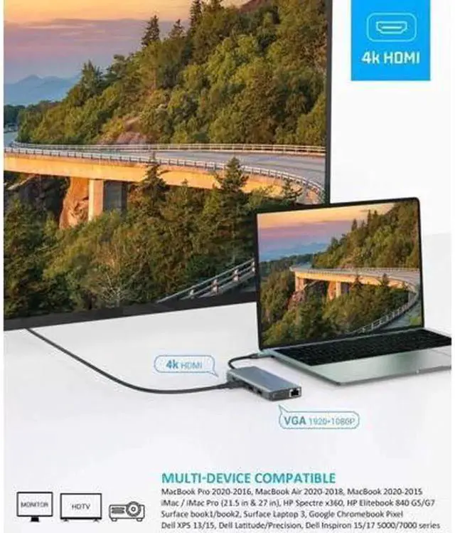 Alt view image 2 of 7 - Vszerda USB C Hub Laptop Docking Station 11 in 1 Multiport Adapter Dongle, 4K USB C to HDMI, VGA, Ethernet, 100PD, 2 USB 3.0, 2 USB 2.0, Mic/Audio, SD/TF for MacBook Pro Air and More Type C Devices