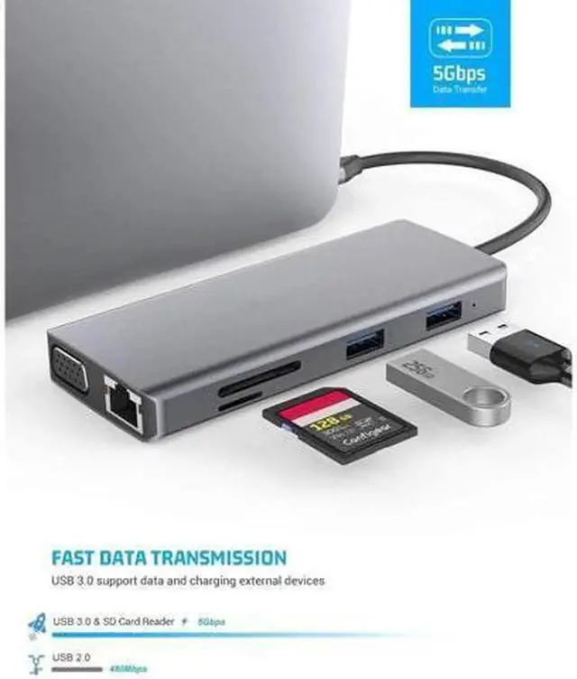 Alt view image 4 of 7 - Vszerda USB C Hub Laptop Docking Station 11 in 1 Multiport Adapter Dongle, 4K USB C to HDMI, VGA, Ethernet, 100PD, 2 USB 3.0, 2 USB 2.0, Mic/Audio, SD/TF for MacBook Pro Air and More Type C Devices