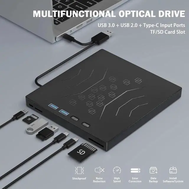 Alt view image 5 of 7 - Vszerda 7 in 1 External DVD Drive, External CD/DVD Drive USB 3.0 & Type-C, Portable CD/DVD +/-RW Disk Drive, CD/DVD Burner CD ROM External Drive for Laptop Desktop PC Windows 7/8/10/XP Linux Mac OS
