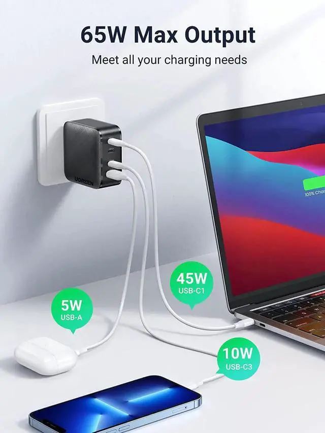 Alt view image 7 of 7 - UGREEN 65W Multiport USB C Wall Charger, 4 Port USB Charging Station PPS Fast Charger Adapter Compatible for MacBook Pro/Air, Dell XPS 13, iPad, iPhone 13/13 Mini/13 Pro Max/12, Galaxy S21/S20, Pixel