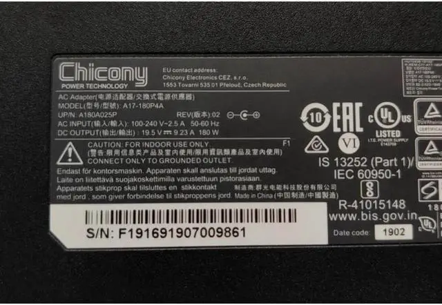 Alt view image 2 of 2 - Vszerda Chicony 19.5V 9.23A 180W Charger A17-180P4A AC Power Adapter For CLEVO P950HR N850HP6 MSI GS63VR GE72VR GS65 A15-180P1A