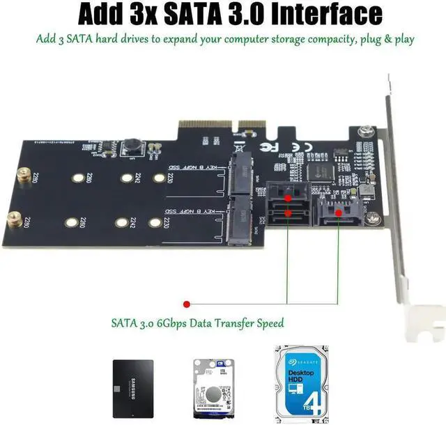 Alt view image 3 of 3 - Vszerda PCI-E 3.0 X4 to 2x M.2 NGFF SATA Based B-Key SSD Plus 3x SATA III Ports 6Gbps Adapter Card For 2.5/3.5 Inch Hard Drives