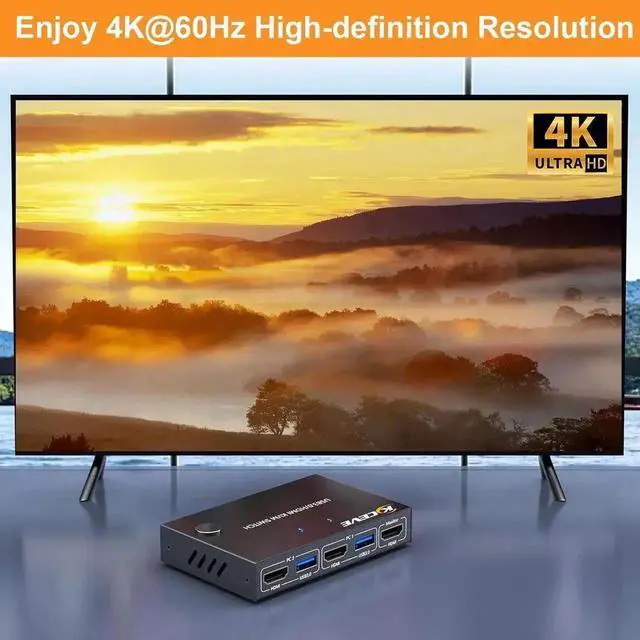 Alt view image 4 of 7 - 2 in 1 Out HDMI KVM Switch 1 Monitor 2 Computers 4K@60Hz, HDMI KVM Switch for 2 Computer Share 1 Monitor and 4 USB 3.0 Devices, Support Simulation EDID Lock Screen, with Wired Remote Controller