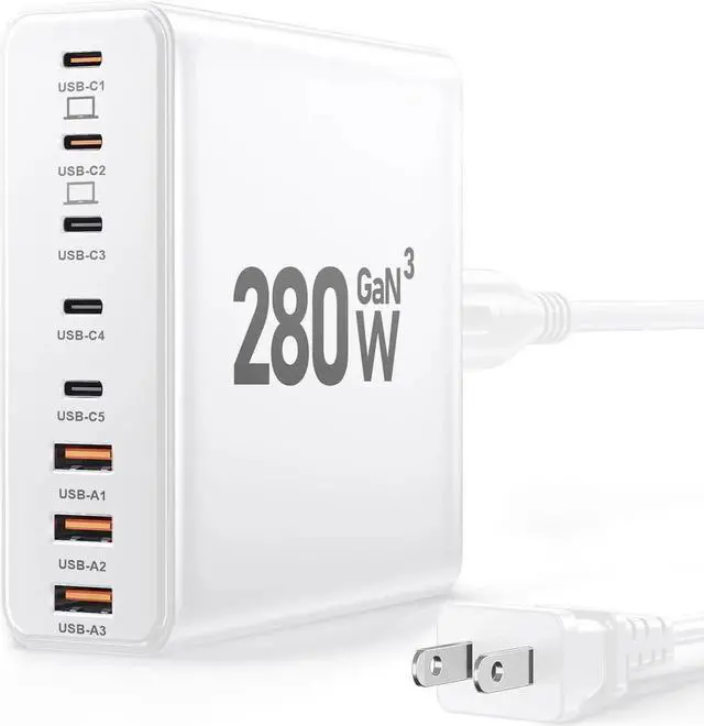 Main image of Vszerda 280W USB C Charger Block 8-Port USB C Charging Station GaN III PD 65W Laptop Charger Adapter Compatible with MacBookPro/Air iPad Portable Charging Station for iPhone Galaxy (White)
