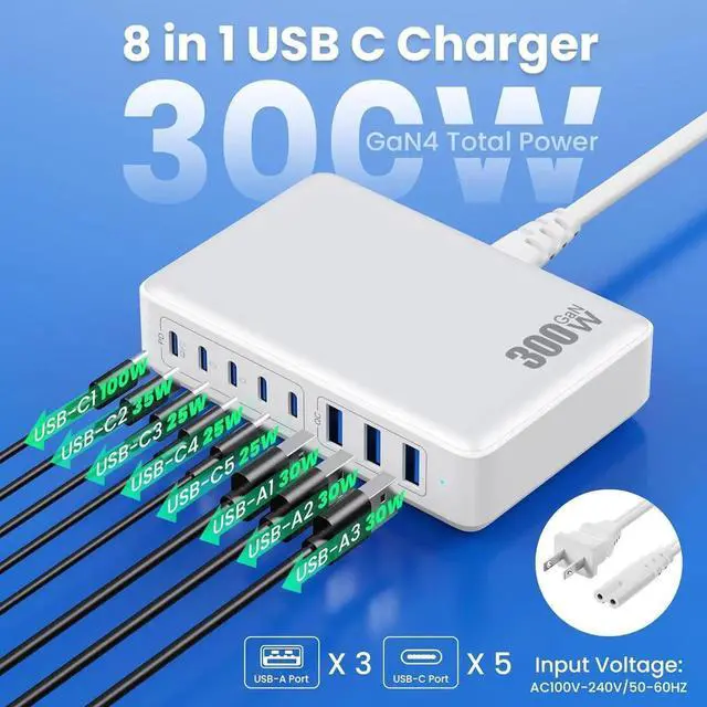 Alt view image 2 of 7 - USB C Charger 300W USB C Charger Block 8-Ports GaN IV Fast Charging Station PD 100W Laptop Charger Hub Wall Charger Adapter Compatible with MacBook/Air Steam Desk iPhone 16/15/14 Galaxy S24 etc