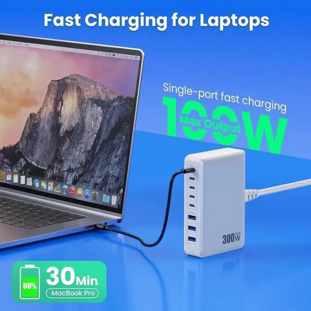 Alt view image 3 of 7 - USB C Charger 300W USB C Charger Block 8-Ports GaN IV Fast Charging Station PD 100W Laptop Charger Hub Wall Charger Adapter Compatible with MacBook/Air Steam Desk iPhone 16/15/14 Galaxy S24 etc