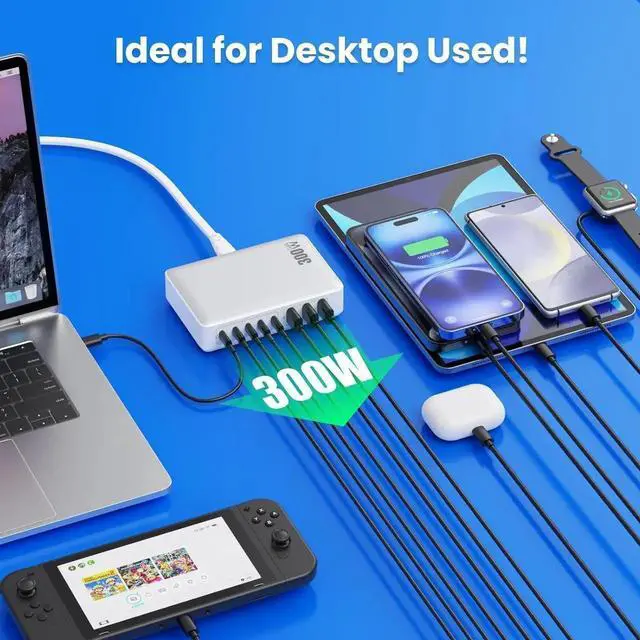 Alt view image 7 of 7 - USB C Charger 300W USB C Charger Block 8-Ports GaN IV Fast Charging Station PD 100W Laptop Charger Hub Wall Charger Adapter Compatible with MacBook/Air Steam Desk iPhone 16/15/14 Galaxy S24 etc