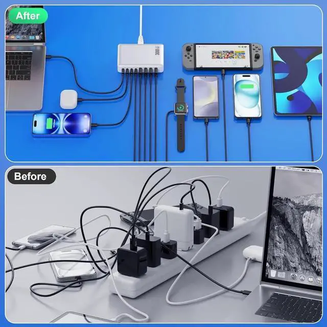 Alt view image 6 of 7 - USB C Charger 300W USB C Charger Block 8-Ports GaN IV Fast Charging Station PD 100W Laptop Charger Hub Wall Charger Adapter Compatible with MacBook/Air Steam Desk iPhone 16/15/14 Galaxy S24 etc