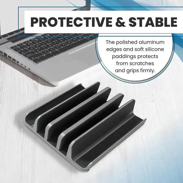 Alt view image 6 of 6 - Vszerda Multiple Laptop Holder Vertical Adjustable Laptop Vertical Stand Holds 5 Devices Fits All MacBooks Laptops Tablets and Mobiles (up to 17.3). Closed Upright Vertical Laptop Stand for Desk