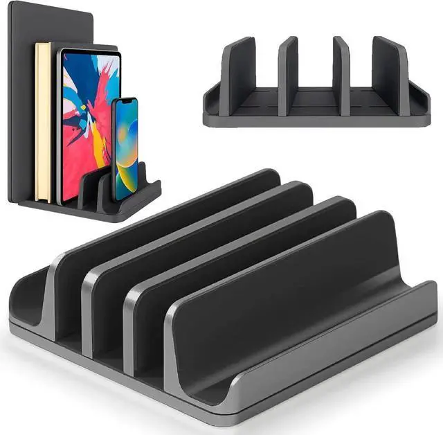 Main image of Vszerda Multiple Laptop Holder Vertical Adjustable Laptop Vertical Stand Holds 5 Devices Fits All MacBooks Laptops Tablets and Mobiles (up to 17.3). Closed Upright Vertical Laptop Stand for Desk