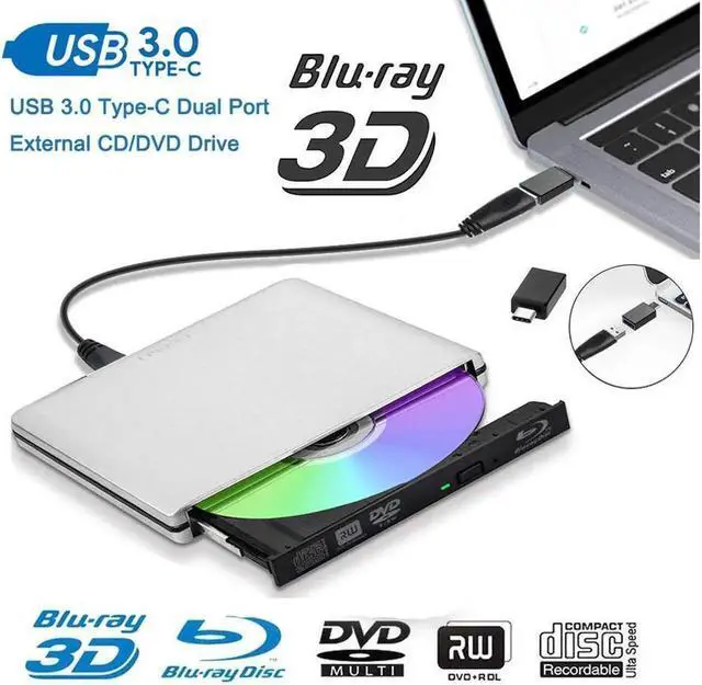 Alt view image 5 of 7 - Vszerda External Blu Ray Drive External Blu Ray DVD Drive USB3.0 USB C 3D Bluray Drive Player Burner Writer for Laptop/Mac/MacBook Pro/Air/PC/Windows MacBook Mac Linux OS Apple , Silver