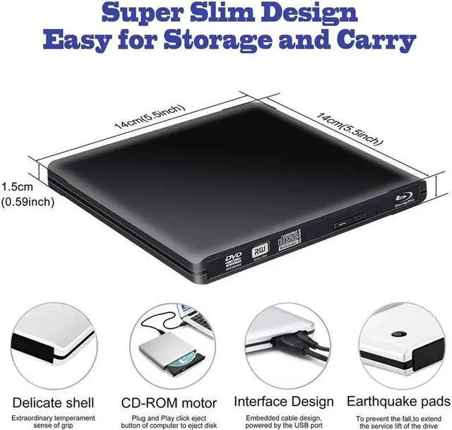 Alt view image 5 of 7 - Vszerda Aluminum Slim USB 3.0/Type C External Blu-Ray Player Drive, Portable CD/DVD +/-RW Drive Ultra-Thin DVD/CD ROM Rewriter Burner For Laptop Desktop PC Windows Linux OS Apple Mac, Black