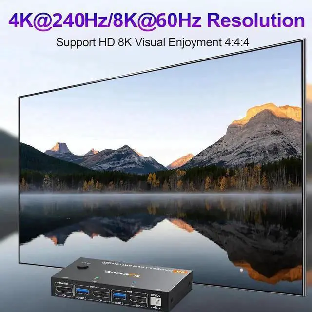 Alt view image 2 of 7 - Vszerda 2 Port DP KVM Switch 2 Computer 1 Monitor, DisplayPort USB 3.0 KVM Switch Displayport 2.1 8K@60Hz 4K@144Hz for 2 PC Share One Monitor and Keyboard Mouse, with Wired Remote and Power Adapter