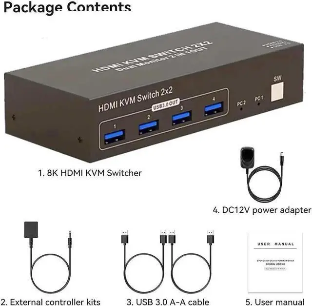 Alt view image 5 of 7 - Vszerda 4K Dual Monitor HDMI KVM Switch 2 Monitors 2 Computers 4K@60Hz, USB 3.0 2x2 HDMI KVM Switcher PC Extended Display for 2 PC Share 4 USB 3.0 Devices, Desktop Controller & 2 USB Cables Included