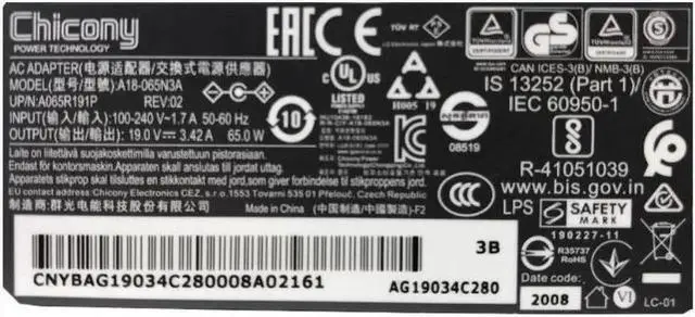 Alt view image 2 of 2 - Vszerda 19V 3.42A 65W 4.0x1.7mm Chicony A18-065N3A A065R191P AC Adapter For Laptop Charger Power Supply