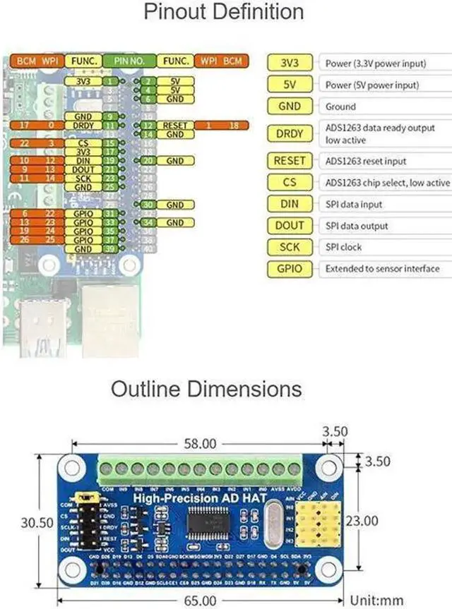 Alt view image 2 of 7 - Vszerda High-Precision Ad Hat For Raspberry Pi 4B/3B+/3B/2B/Zero/W/Zero Wh Jetson Nano Expansion Board With Ads1263 10-Channel 32-Bit High Precision Adc 24-Bit Auxiliary Adc