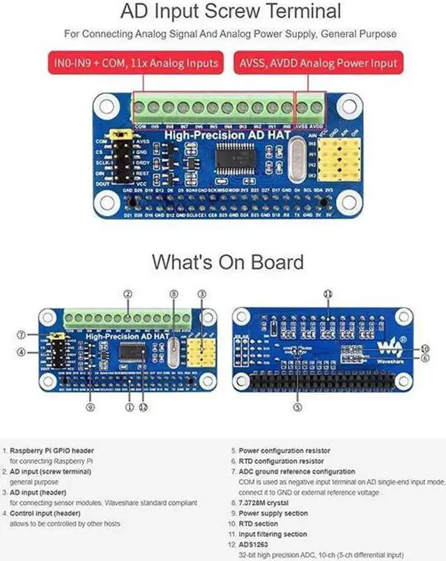 Alt view image 7 of 7 - Vszerda High-Precision Ad Hat For Raspberry Pi 4B/3B+/3B/2B/Zero/W/Zero Wh Jetson Nano Expansion Board With Ads1263 10-Channel 32-Bit High Precision Adc 24-Bit Auxiliary Adc