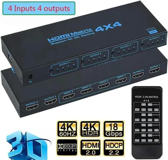 Main image of Vszerda 4x4 Matrix HDMI Switch 4K 30Hz, 4in 4out HDMI Matrix Switch with IR Remote Control, Support 4K@30Hz 3D 10.2Gbps, HDMI 1.4, 1080P@60Hz, 3D, YUV 4:2:0, OZJ7