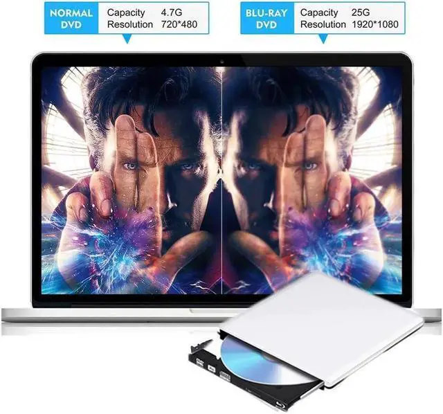 Alt view image 2 of 6 - Vszerda Aluminum Blu-Ray Burner Player USB3.0 with Type-C adapter Superdrive External DVD/CD Reader and DVD/CD Burner for Apple-MacBook Air/Pro/iMac/Mini/MacBook Pro/ASUS/ASUS/DELL, Silver