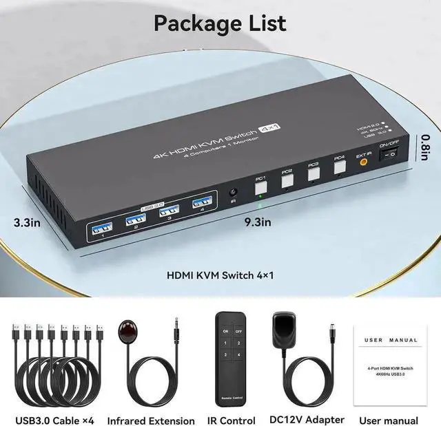 Alt view image 7 of 7 - Vszerda 4 Port HDMI KVM Switch for 1 Monitors 4 Computers 4K@60Hz, HDMI USB 3.0 KVM Switches, KVM Switch HDMI 4 in 1 Out for 4 PCs Sharing 1 Monitor and 4 USB 3.0 Devices with IR Remote Control