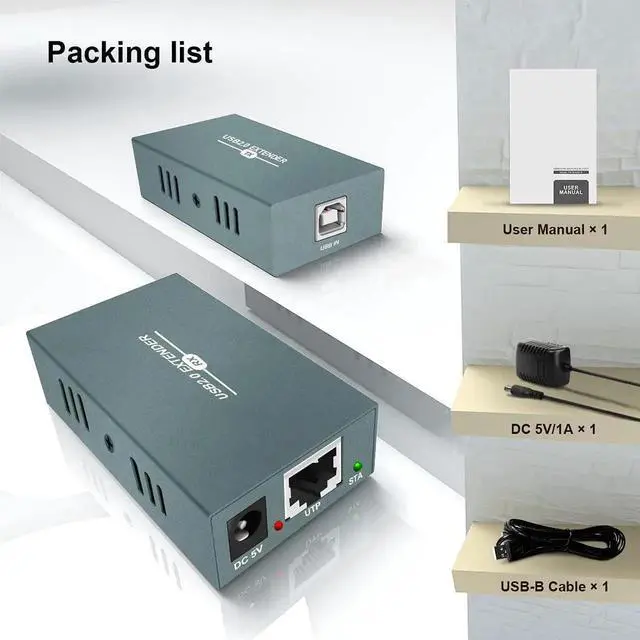 Alt view image 2 of 7 - Vszerda USB Extender Over Ethernet RJ45 LAN Extension, with 4 USB 2.0 Ports, Transmit 50m/165ft Over Ethernet Cat5/5e/6/7, Support Power Over Cable, Play and Plug, No Driver Required