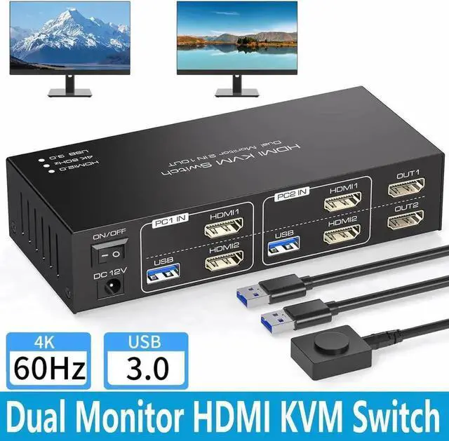 Main image of Dual Monitor HDMI KVM Switch 2 Monitors 2 Computers 4K 60Hz USB 3.0 KVM Switcher for 2 PCs Share 1 Set of Keyboard Mouse Printer and Scanner Support Extended & Mirror Mode, with 4 USB 3.0 Ports