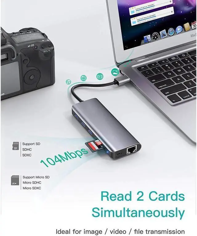 Alt view image 4 of 7 - Vszerda USB to Ethernet Adapter 7-in-1 Aluminum USB Hub with 10/100/1000 Gigabit Ethernet Network Adapter USB 3.0 Ports USB 2.0 SD/Micro SD Card Reader Compatible with MacBook Air/Pro Windows Linux