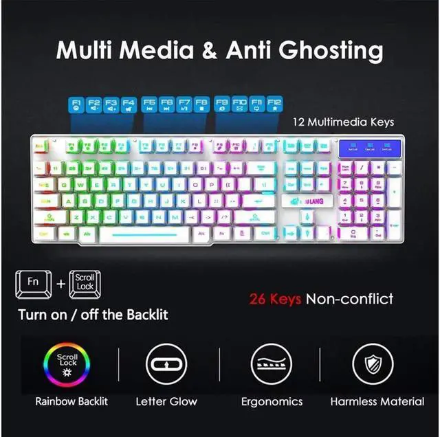 Alt view image 6 of 6 - Vszerda Wireless gaming keyboard and mouse combination, with rainbow LED backlight, rechargeable waterproof mechanical dustproof 7-color backlight, suitable for laptops, PC gamers