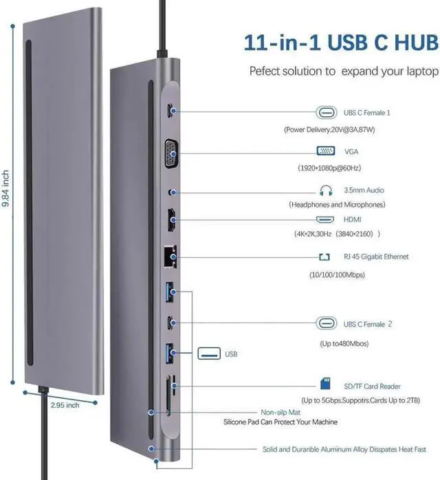 Alt view image 7 of 7 - USB C Hub HDMI Ethernet Adapter 11 in 1 USB Type-C Hub to HDMI 4K VGA, Suitable for Samsung Dex Station, Universal Laptop Dock Hub with 87W PD Compatible with MacBook Pro / 2018 2017 / iPad/Air