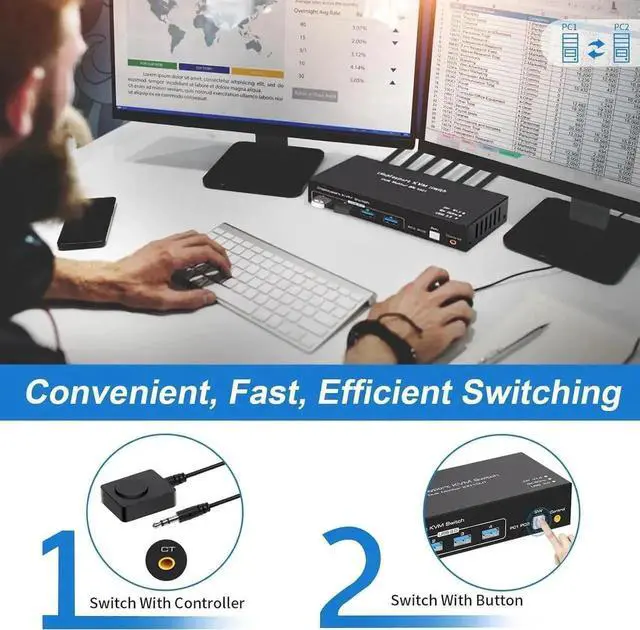 Alt view image 4 of 7 - Vszerda USB 3.0 Displayport KVM Switch 2 Monitors 2 Computers 8K@60Hz 4K@144Hz, Dual Monitor Displayport 1.4 KVM Switches with 4 USB 3.0 Ports, 2 in 2 Out DP USB 3.0 KVM Switch for 2 PCs 2 Monitors