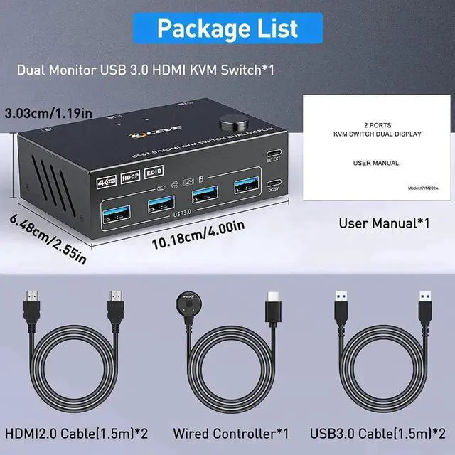Alt view image 5 of 7 - 2 Ports Dual Monitor HDMI KVM Switch 2 in 2 Out, 4K @60Hz KVM Switch HDMI Extended Display 2 Computers 2 Monitors and 4 USB 3.0 Ports with Simulation EDID, Wired Controller, HD-MI 2.0+USB 3.0 Cables